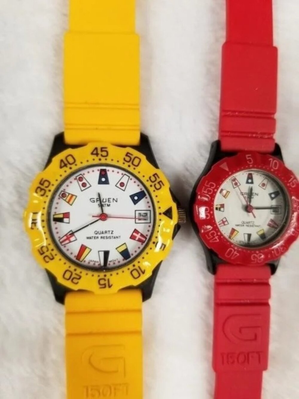 Pair of Gruen Quartz His & Hers Nautical Flag Watches Yellow & Red Rubber Straps